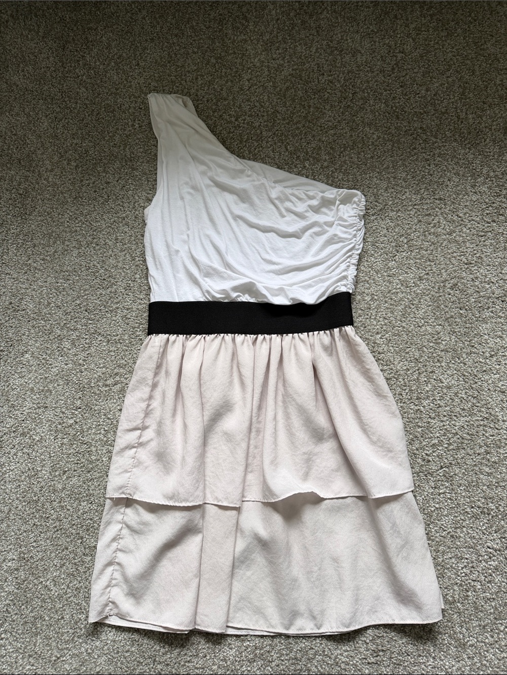 One-Shoulder White & Cream Dress with Black Waistband